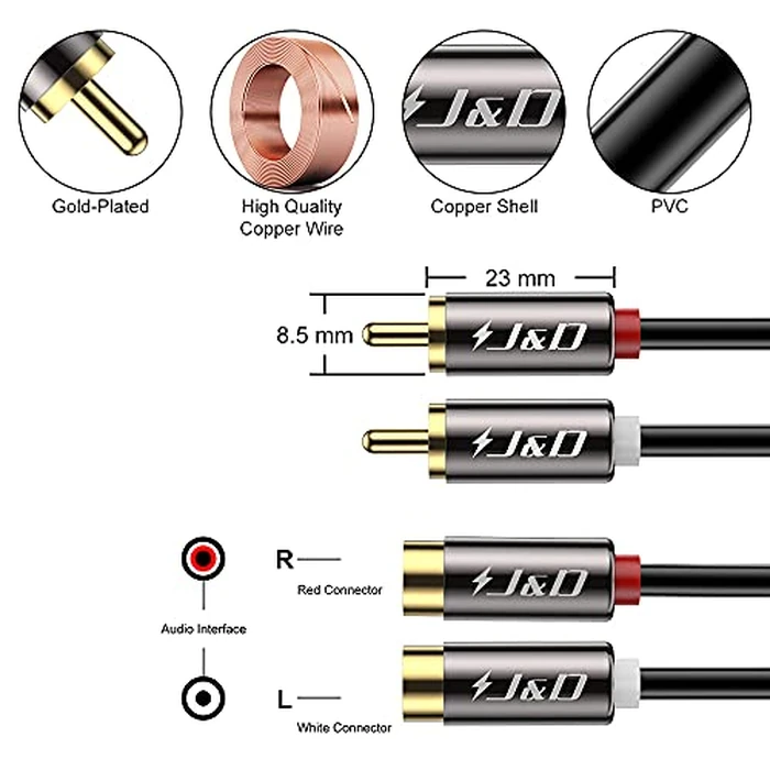 J&D 2 RCA Extension Cable, RCA Cable, Gold Plated Copper Shell Heavy Duty 2 RCA Male to Female Stereo Audio Extension Cable for Amplifiers, TV, 25 Feet by J&D - Image 2