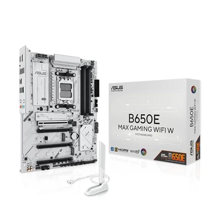 ASUS B650E MAX Gaming WiFi W - AMD B650 AM5 ATX Motherboard, White PCB, DDR5, PCIe 5.0, 3X M.2, Wi-Fi 6E, 2.5Gb LAN, USB 10Gbps Type-C, DisplayPort, HDMI(TM), BIOS Flashback(TM), Aura Sync, Advanced AI PC by Asus - Used - Good condition