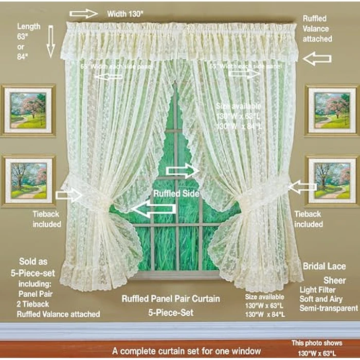 Today's Curtain, Priscilla Lace Bridal Ruffled Pair 63", Ivory, 5-Piece-Set, 130" W x 63" L by Today's Curtain - Image 2