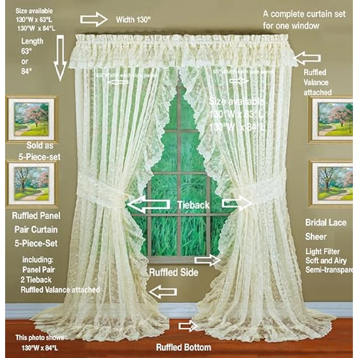 Today's Curtain, Priscilla Lace Bridal Ruffled Pair 63", Ivory, 5-Piece-Set, 130" W x 63" L by Today's Curtain - Image 6