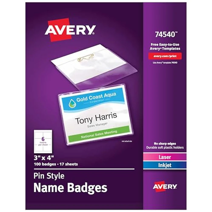 Avery Pin Style Name Badges, 3 x 4-Inches, for Laser and Inkjet Printers, White, Pack of 100 (74540) by Avery - Used - Like New condition
