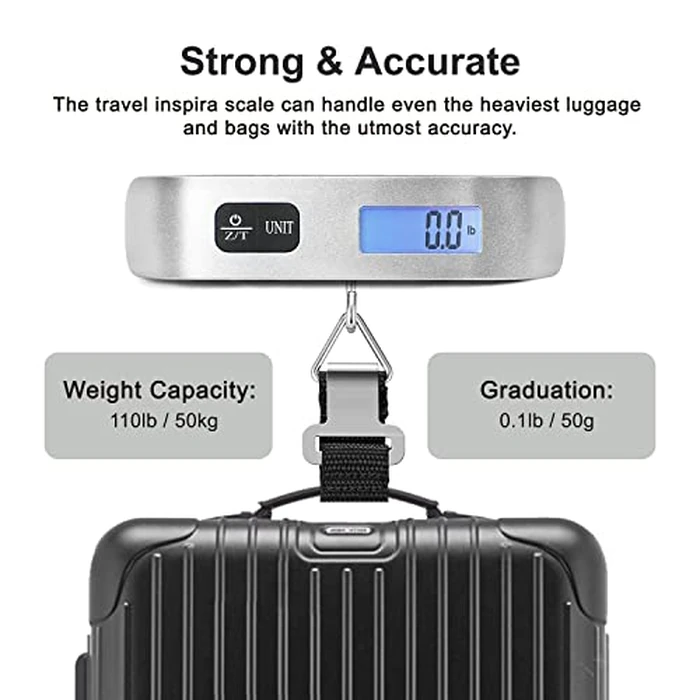 travel inspira Luggage Scale, Portable Digital Hanging Baggage Scale for Travel, Suitcase Weight Scale with Rubber Paint, 110 Pounds, Battery Included - Silver by travel inspira - Image 5