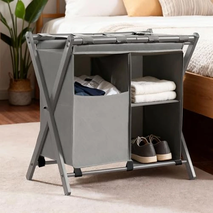 Heybly Luggage Rack with Laundry Bag, Steel Folding Suitcase Stand for Guest Room, Bedroom and Hotel with Foldable Steel Frame, 23.62" L x 15.57" W x 24.21" H, Gray HLR006G1 by Heybly - Used - Good condition - CA$36.81