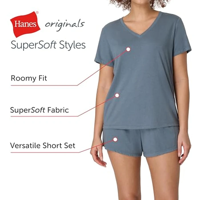 Hanes Women's Originals 2-Piece Lounge Set, Supersoft V-Neck Tee & Sleep Shorts Loungewear Set by Hanes - Image 4