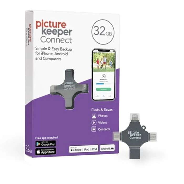 Picture Keeper Connect for iPhone, Android, USB-C, PC & Mac - 32GB USB Backup for Photos, Videos, Contacts, Flash Drive Memory Backup - 32GB, Silver by Picture Keeper - Used - Like New condition - US$68.07