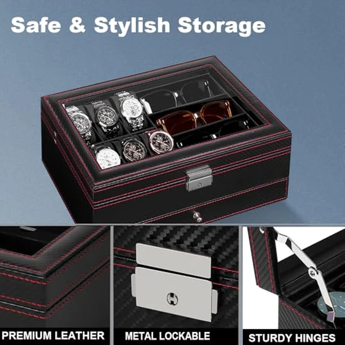 J&T Technology Mens Jewelry Box,6 Slot Watch Case & 3 Sunglasses Organizer with Glass Lid,2-layer Jewelry Organizer Watch Box for Men,Watch Display Storage Valentine Birthday Gifts by J&T Technology - Image 4
