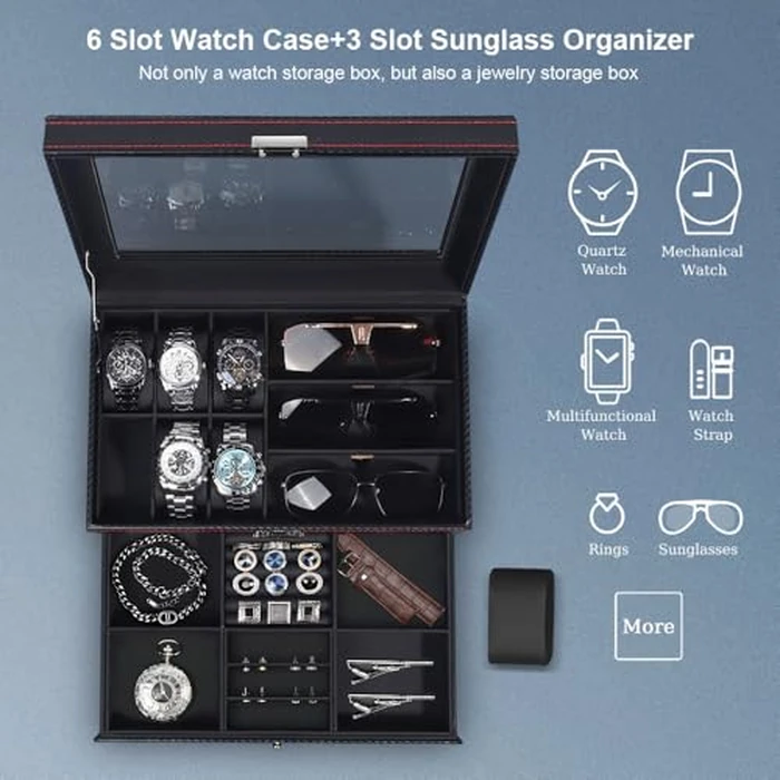 J&T Technology Mens Jewelry Box,6 Slot Watch Case & 3 Sunglasses Organizer with Glass Lid,2-layer Jewelry Organizer Watch Box for Men,Watch Display Storage Valentine Birthday Gifts by J&T Technology - Image 5