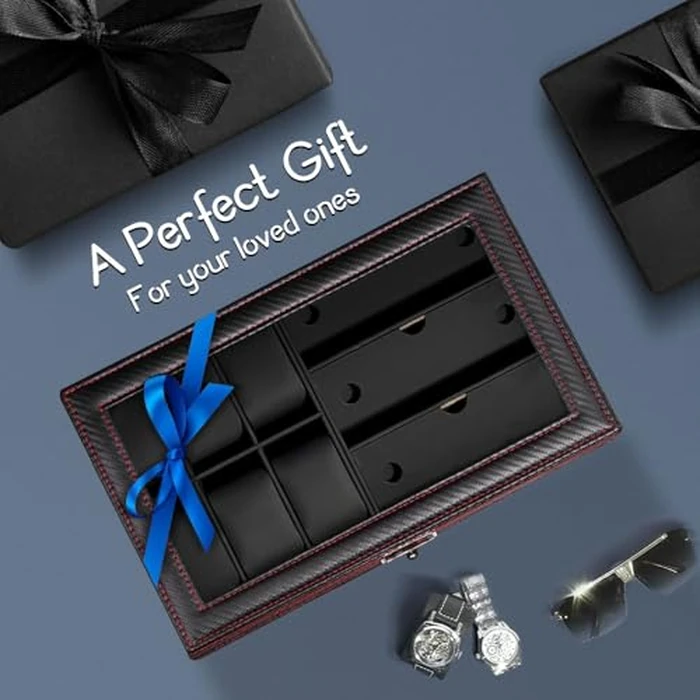 J&T Technology Mens Jewelry Box,6 Slot Watch Case & 3 Sunglasses Organizer with Glass Lid,2-layer Jewelry Organizer Watch Box for Men,Watch Display Storage Valentine Birthday Gifts by J&T Technology - Image 7
