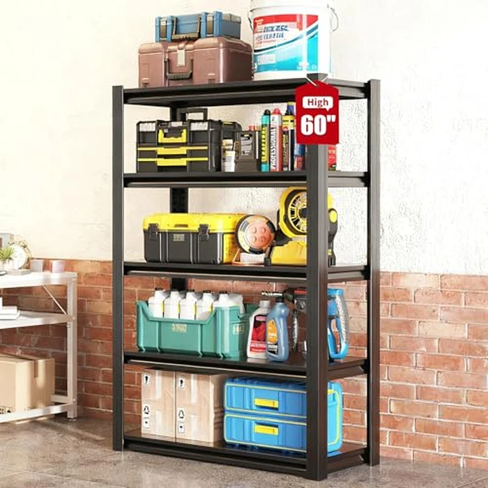 FOSTOKO Storage Shelves, 5-Tier Garage Shelving, Adjustable Heavy Duty Shelving Units, Metal Industrial Utility Organizer Storage Racks for Basement,Kitchen,Warehouse,Pantry,12" Dx27.5" Wx60" H by FOSTOKO - Used - Like New condition - US$56.52