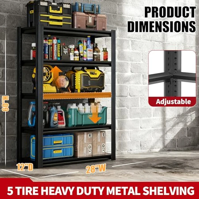 FOSTOKO Storage Shelves, 5-Tier Garage Shelving, Adjustable Heavy Duty Shelving Units, Metal Industrial Utility Organizer Storage Racks for Basement,Kitchen,Warehouse,Pantry,12" Dx27.5" Wx60" H by FOSTOKO - Image 2