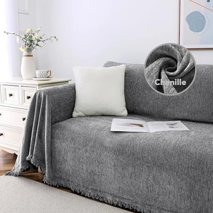 H.VERSAILTEX Chenille Couch Cover Soft Sofa Slipcover for Living Room Non Slip Furniture Protector for Pets Sofa Cover for Sectional Couch Cover, 71"x 134", Grey by H.VERSAILTEX - Image 1