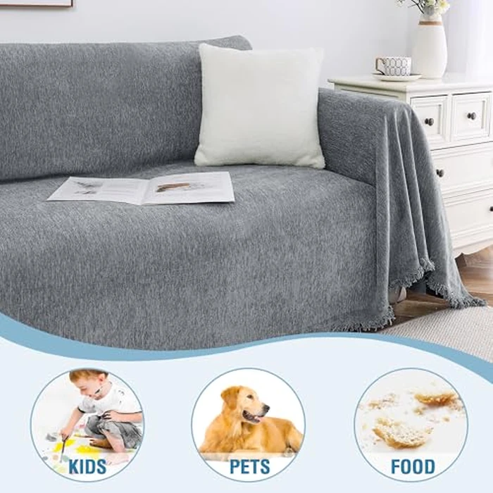 H.VERSAILTEX Chenille Couch Cover Soft Sofa Slipcover for Living Room Non Slip Furniture Protector for Pets Sofa Cover for Sectional Couch Cover, 71"x 134", Grey by H.VERSAILTEX - Image 5