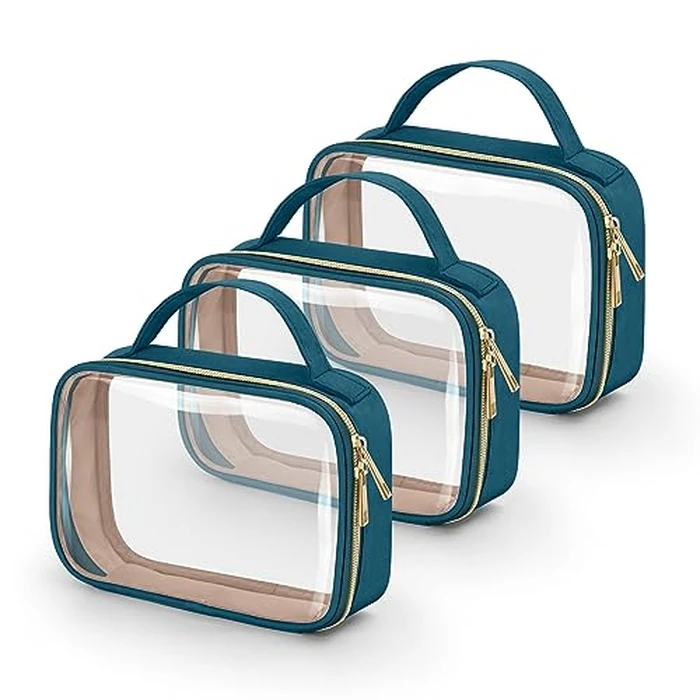Wedama TSA Approved Toiletry Bag, 3 Pack Clear Makeup Bags with Handles, Quart Size Toiletry Bags, PVC Clear Cosmetic Bags for Women and Men, Carry on Airport Airline (Til Blue, Medium) by Wedama - Used - Very Good condition - CA$21.99