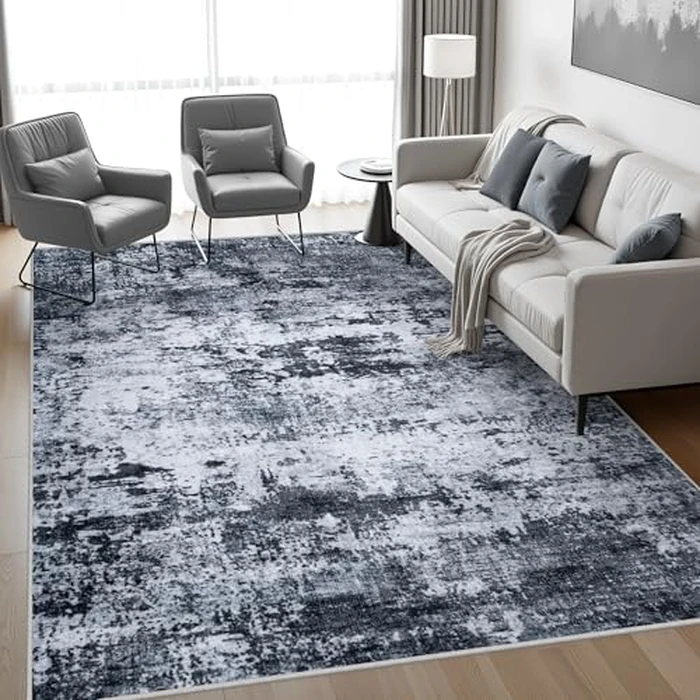 6x9 Area Rug Living Room Rug: Washable Modern Abstract Soft Thin Rug Indoor Floor No Slip Stain Resistant Carpet for Bedroom Dining Room Farmhouse Nursery Home Office - Black by FXRHLP - Image 2