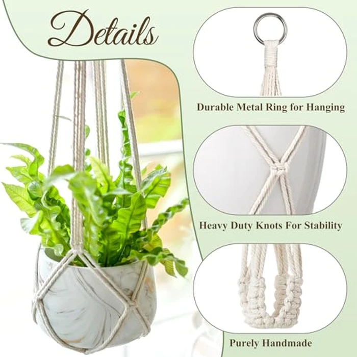 Dahey Macrame Plant Hanger Set of 3 with Hooks Indoor Hanging Planter Basket 35"/29"/23" Handmade Woven Cotton Rope Flower Pot Crochet Plant Holder Stand for Boho Home Decor No Tassels,Beige by Dahey - Image 2
