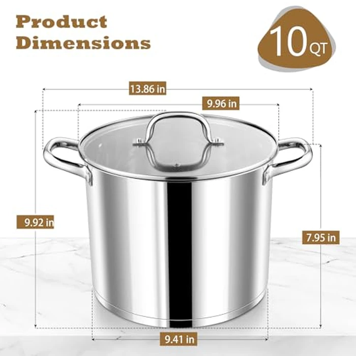 P&P CHEF 10 QT Stock Pot with Lid, Stainless Steel Large Cooking Pot, Soup Canning Stockpot for Stewing Simmering, Tri-ply Bottom for All Stoves, Heavy-Duty &Dishwasher Safe & Food-Grade by P&P CHEF - Image 2