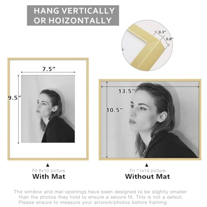 Golden State Art - 11x14 Aluminum Picture Frame - with Mat for 8x10 Photo or Without Mat for 11 x 14 Photo - Real Glass Cover - Simple and Elegant Decor for Wall Mounting - 1 Pack - Gold by Golden State Art - Image 5