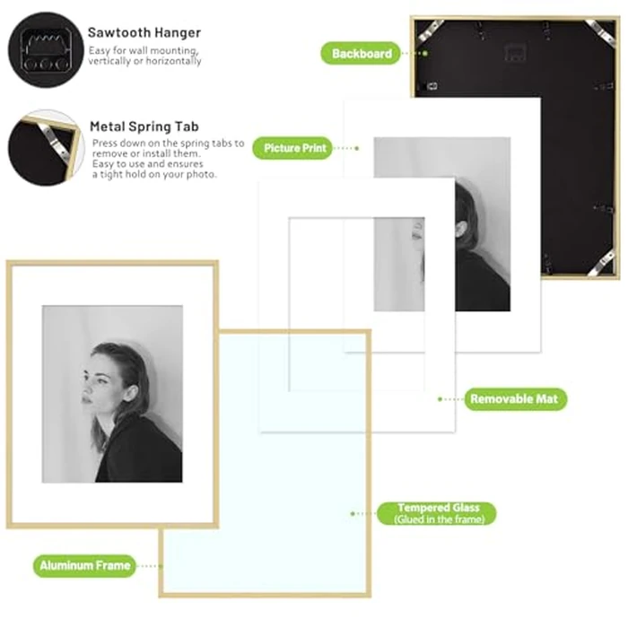 Golden State Art - 11x14 Aluminum Picture Frame - with Mat for 8x10 Photo or Without Mat for 11 x 14 Photo - Real Glass Cover - Simple and Elegant Decor for Wall Mounting - 1 Pack - Gold by Golden State Art - Image 6