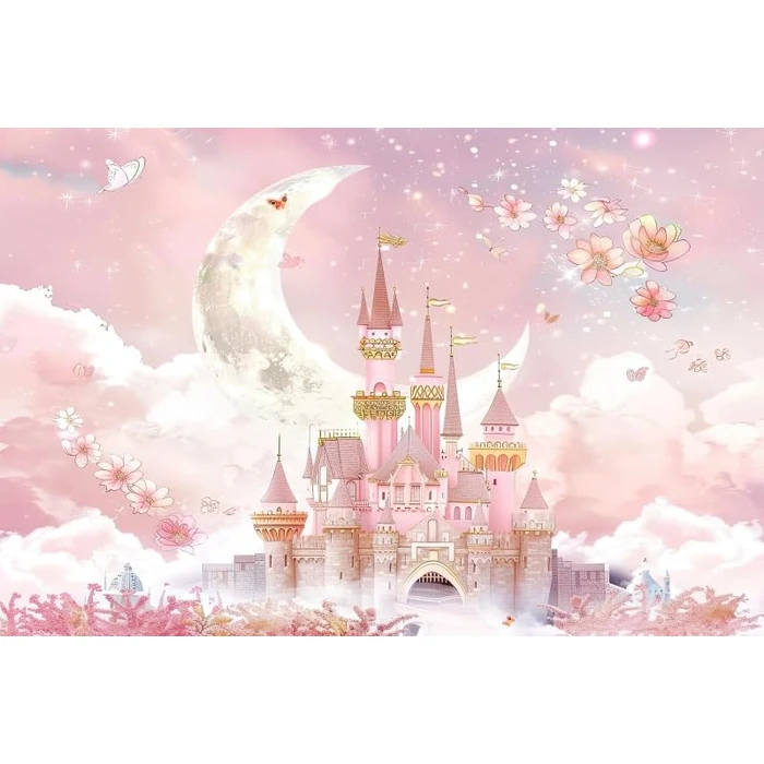 ZJRBJB 10x8ft Pink Princess Castle Decorations Backdrop Floral Moon Kids Girls Fairy Tale Birthday Background Flowers Fantasy Wonderland Magical Gender Reveal Baby Shower Banner Photo Booth by ZJRBJB - Used - Good condition