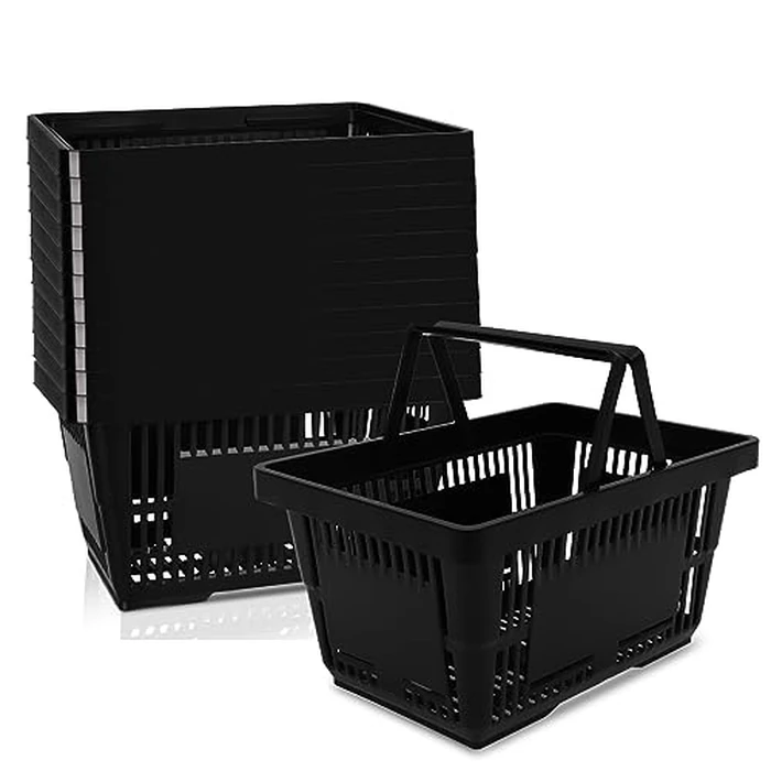 12PCS Shopping Baskets with Handles, 21L Durable Plastic Shopping Cart, Portable Grocery Basket for Supermarket Retail Shop Book Store Laundry, Black by FAHKNS - Image 1