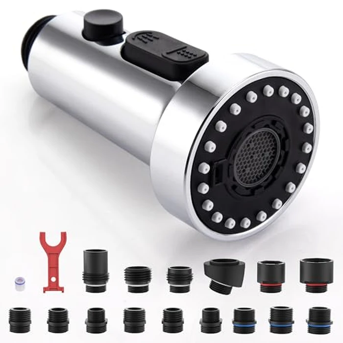 J-HVA Pull Down Kitchen Faucet Sprayer Head Replacement Part with 15 Connectors, 3 Function Pull Out Sink Sprayer Replacement Nozzle, Kitchen Faucet Head Hose Spray Tap Spout, Chrome by J-HVA - Used - Like New condition