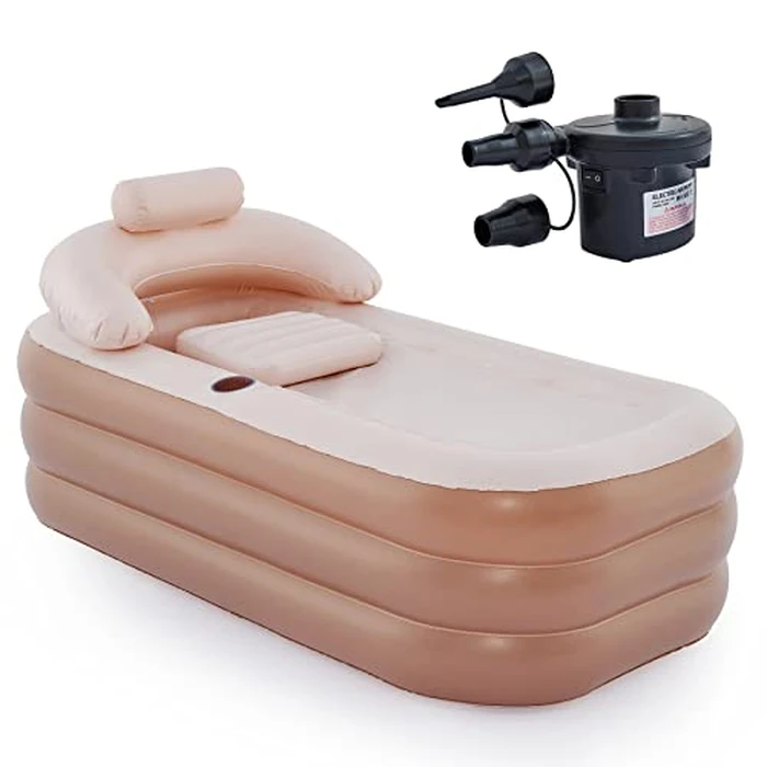 CO-Z Inflatable Bathtub with Electric Air Pump and Bath Pillow Headrest, Portable Blow Up Bath Tub for Adults, Outdoor & Indoor Freestanding Foldable Spa Tub with Cover Drainage Cup Holder,Brown by CO-Z - Used - Very Good condition