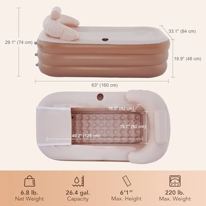 CO-Z Inflatable Bathtub with Electric Air Pump and Bath Pillow Headrest, Portable Blow Up Bath Tub for Adults, Outdoor & Indoor Freestanding Foldable Spa Tub with Cover Drainage Cup Holder,Brown by CO-Z - Image 3