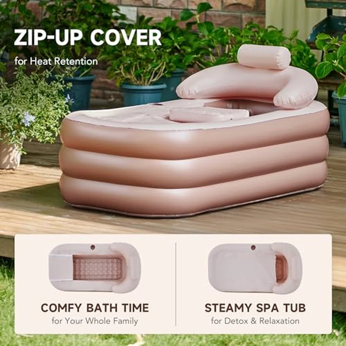 CO-Z Inflatable Bathtub with Electric Air Pump and Bath Pillow Headrest, Portable Blow Up Bath Tub for Adults, Outdoor & Indoor Freestanding Foldable Spa Tub with Cover Drainage Cup Holder,Brown by CO-Z - Image 4