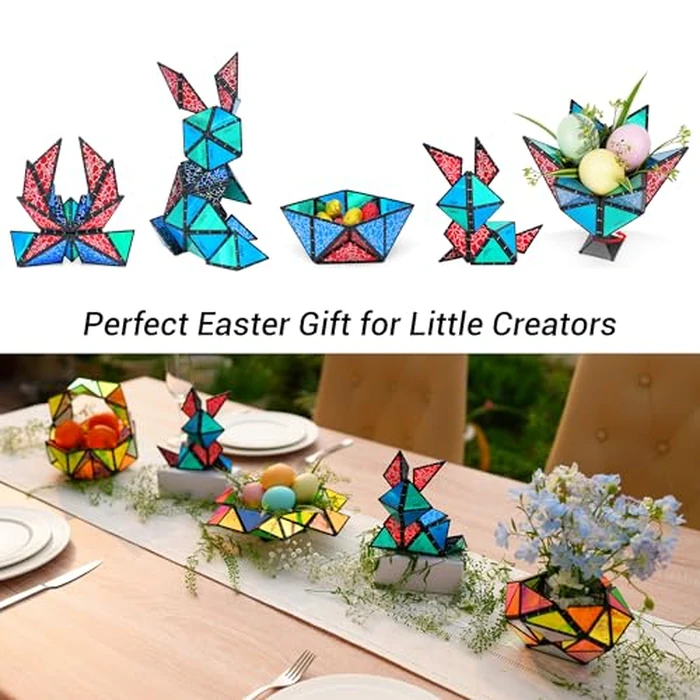 TOSY Magnet Pyramid Stone - 1 Cube Transforms into 1 Billion Shapes (Bunny, Egg Basket, Flowers, Heart), Easter Birthday Gift, 12 pcs, 243 Magnets, Holographic Design, Puzzle/STEM Toy by TOSY - Image 2