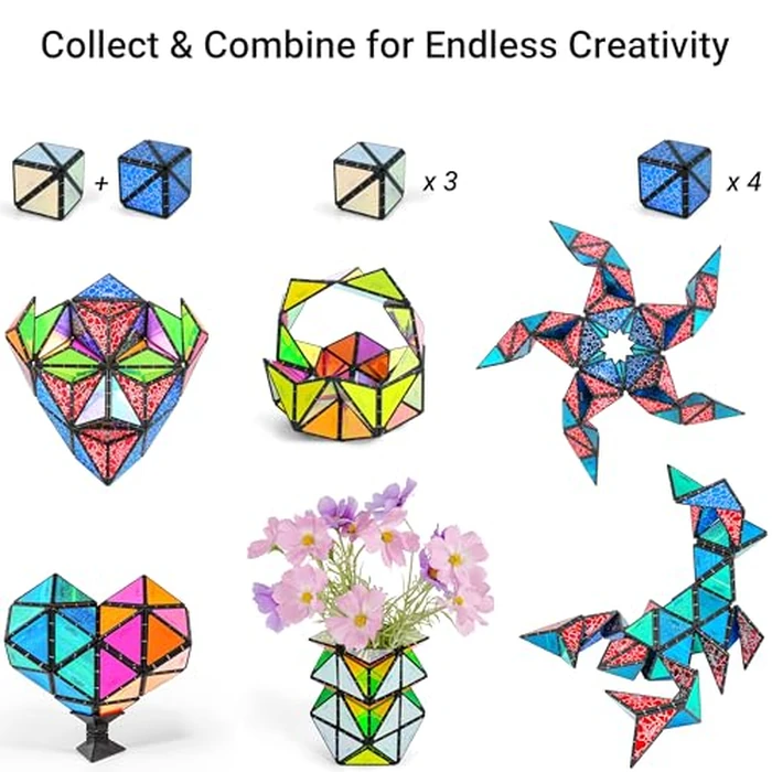 TOSY Magnet Pyramid Stone - 1 Cube Transforms into 1 Billion Shapes (Bunny, Egg Basket, Flowers, Heart), Easter Birthday Gift, 12 pcs, 243 Magnets, Holographic Design, Puzzle/STEM Toy by TOSY - Image 6