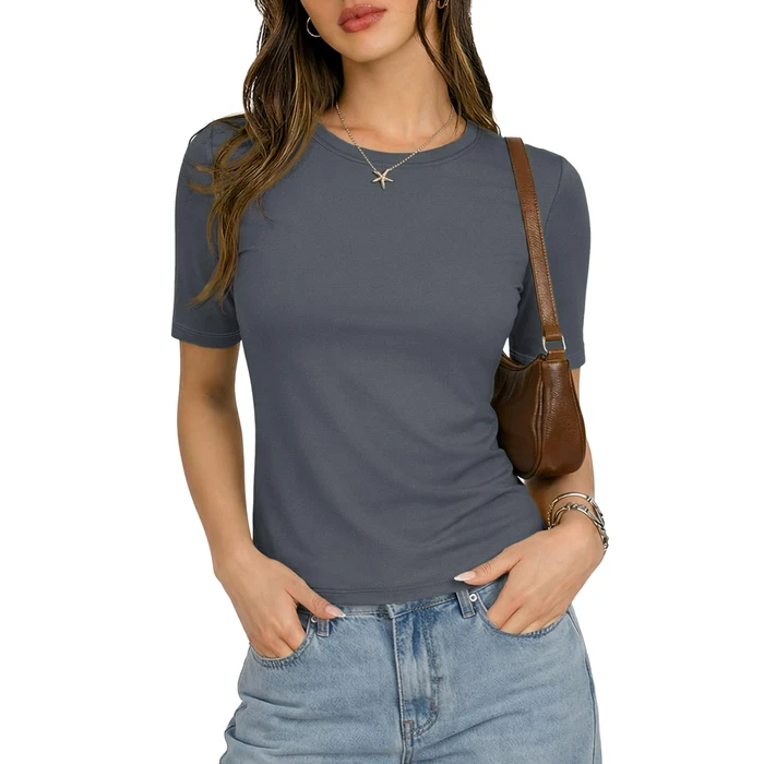 YUCOLEN Womens Tops Dressy Casual Business Elbow Length Cotton Tshirts for 1/2 Sleeve Crew Neck T Shirts Fitted Soft Casual Summer Tops Neutral Grey S by YUCOLEN - Image 2
