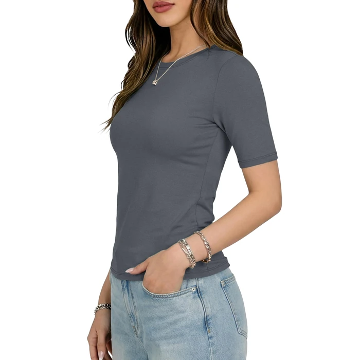 YUCOLEN Womens Tops Dressy Casual Business Elbow Length Cotton Tshirts for 1/2 Sleeve Crew Neck T Shirts Fitted Soft Casual Summer Tops Neutral Grey S by YUCOLEN - Image 4
