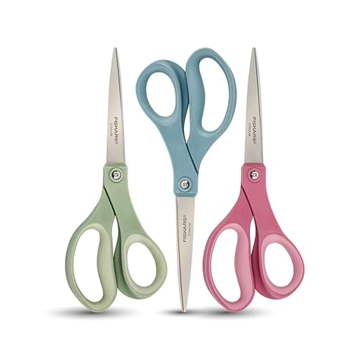 Fiskars 8” Comfort Grip Titanium Multipurpose Scissors with Ergonomic Handles for Everyday Cutting Tasks, Sharp Scissors for Home, Office, Crafts, Multicolor 3-Pack by Fiskars - Used - Very Good condition - US$12.56