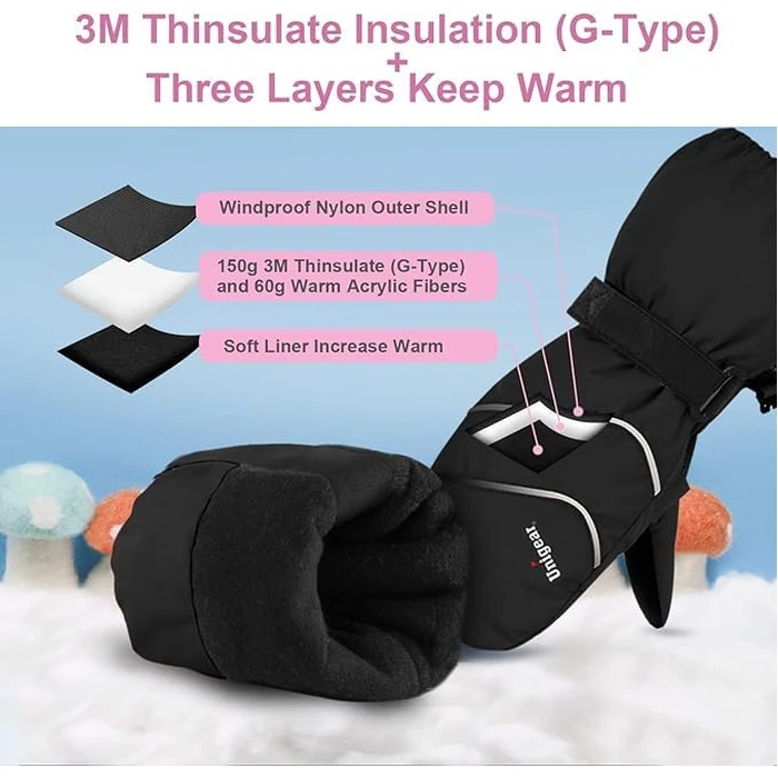 Unigear Kids Mittens Waterproof Winter Snow Ski Mittens with String for Boys Girls (Black, 1-2Y) by Unigear - Image 3