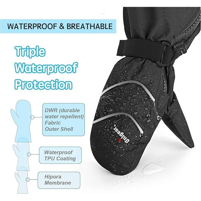 Unigear Kids Mittens Waterproof Winter Snow Ski Mittens with String for Boys Girls (Black, 1-2Y) by Unigear - Image 4