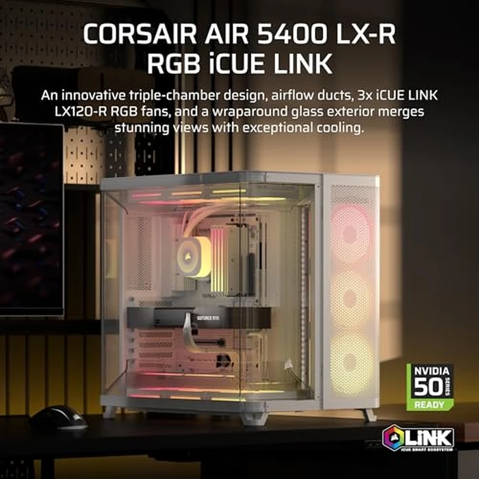 CORSAIR AIR 5400 LX-R RGB iCUE Link Triple-Chamber Mid-Tower Panoramic PC Case - 3X Pre-Installed Reverse-Rotor LX-R RGB Fans, Low-Noise, High Airflow Ducts, Reverse Motherboard Support - White by Corsair - Image 1