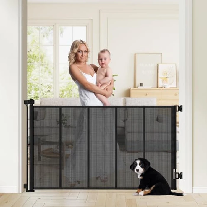 SMONTER Retractable Baby Gate, Mesh Baby Gate Safety Mesh Dog Gate - 33” Tall Extend to 59” Wide Retractable Indoor pet Gate for Stairs, Doorways, Hallways (Black) by SMONTER - Image 1