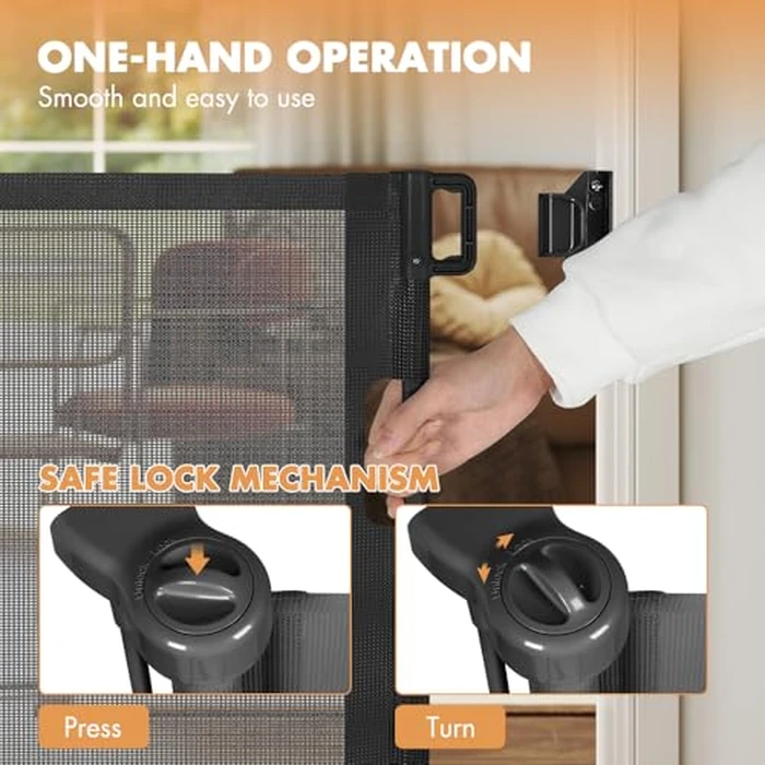 SMONTER Retractable Baby Gate, Mesh Baby Gate Safety Mesh Dog Gate - 33” Tall Extend to 59” Wide Retractable Indoor pet Gate for Stairs, Doorways, Hallways (Black) by SMONTER - Image 2