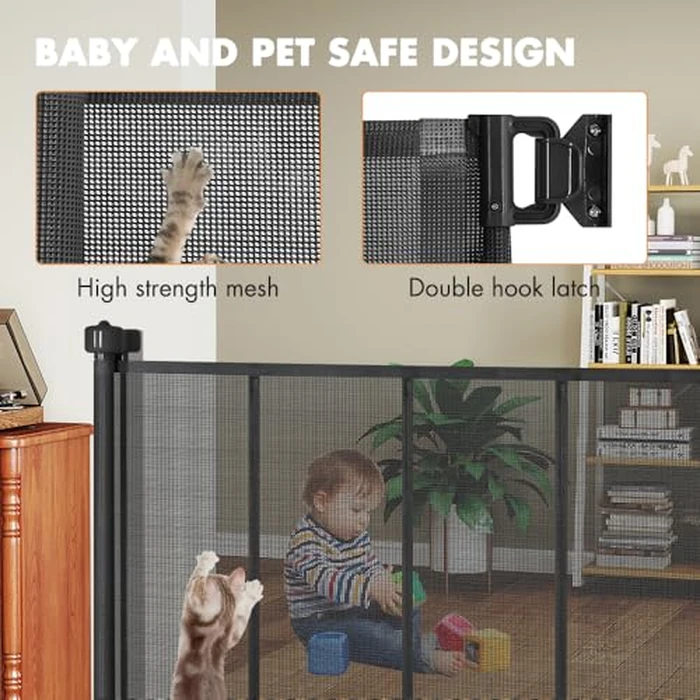 SMONTER Retractable Baby Gate, Mesh Baby Gate Safety Mesh Dog Gate - 33” Tall Extend to 59” Wide Retractable Indoor pet Gate for Stairs, Doorways, Hallways (Black) by SMONTER - Image 3