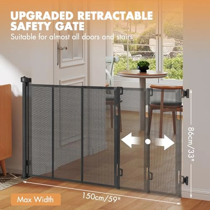 SMONTER Retractable Baby Gate, Mesh Baby Gate Safety Mesh Dog Gate - 33” Tall Extend to 59” Wide Retractable Indoor pet Gate for Stairs, Doorways, Hallways (Black) by SMONTER - Image 5