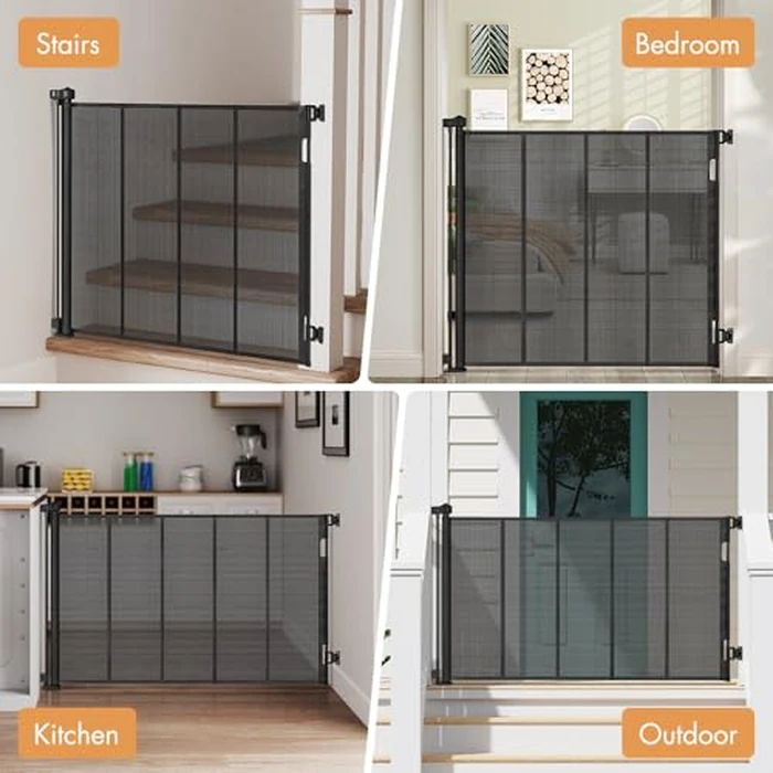 SMONTER Retractable Baby Gate, Mesh Baby Gate Safety Mesh Dog Gate - 33” Tall Extend to 59” Wide Retractable Indoor pet Gate for Stairs, Doorways, Hallways (Black) by SMONTER - Image 6