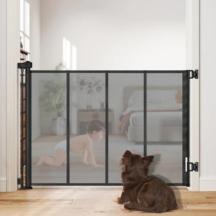 SMONTER Retractable Baby Gate, Mesh Baby Gate Safety Mesh Dog Gate - 33” Tall Extend to 59” Wide Retractable Indoor pet Gate for Stairs, Doorways, Hallways (Black) by SMONTER - Image 9