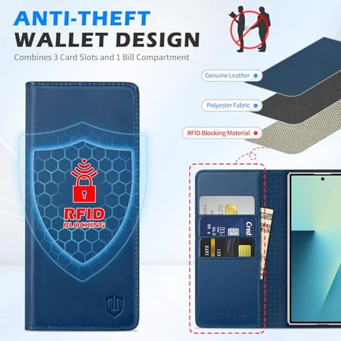 SHIELDON Genuine Leather Wallet Case Compatible with Galaxy Z Fold7 8.0-inch 2025 | Folio Magnetic Closure | Stand Function | RFID Blocking Card Slot | Shock Absorbent Cover | Royal Blue by SHIELDON - Image 4