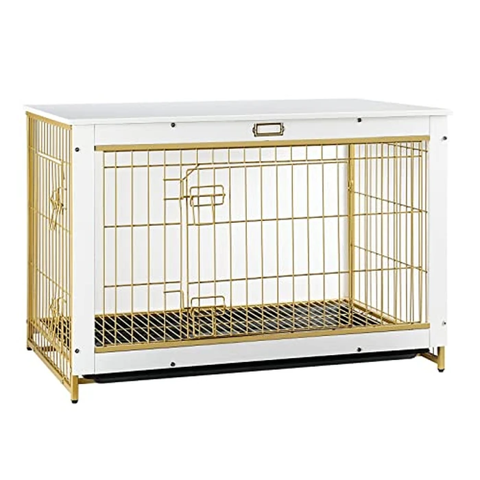 HOOBRO Dog Crate Furniture, 38.6" Large Dog Kennel Indoor, Wooden Cage with Pull-Out Tray, Double Doors Pet House Side End Table for Large/Medium/Small Dogs, White DW982GW03 by HOOBRO - Used - Very Good condition