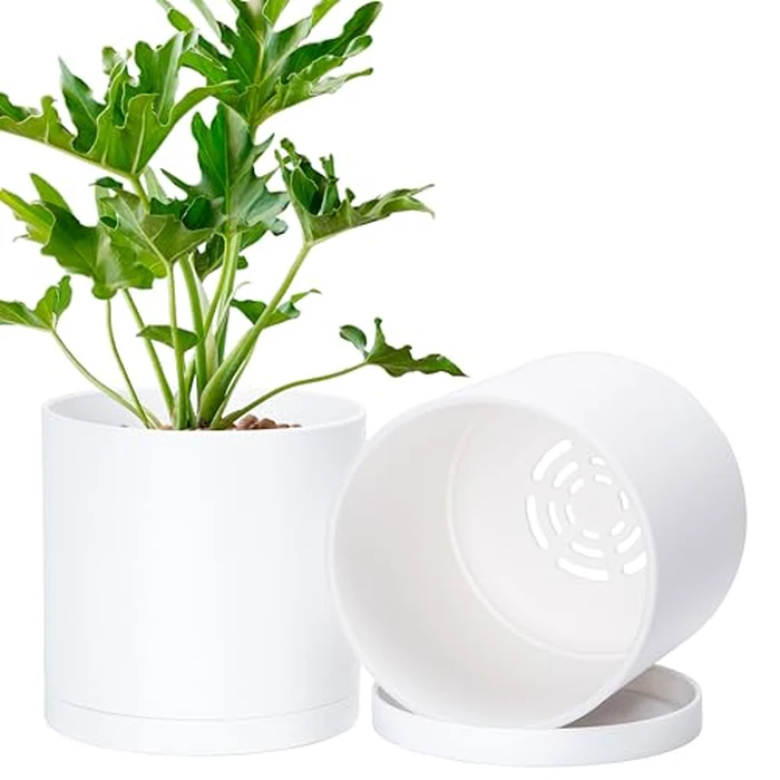 D'vine Dev 2 Pack 6 Inch Modern Plastic Plant Pots, Small Garden Planters for Plant with Drainage Holes and Saucers, White Color, 74-Z-J-1 by D'vine Dev - Image 1