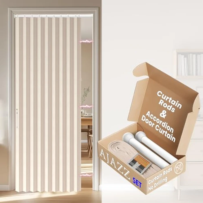 AJAZZ Blackout Door Curtain Magnetic Doorway Curtain Sets Included Rod (1 Pack, 54W x 78 L,Biscotti Beige) Accordion Door Interior Applicable Bedroom Room Living Room by AJAZZ - Used - Very Good condition - CA$51.29