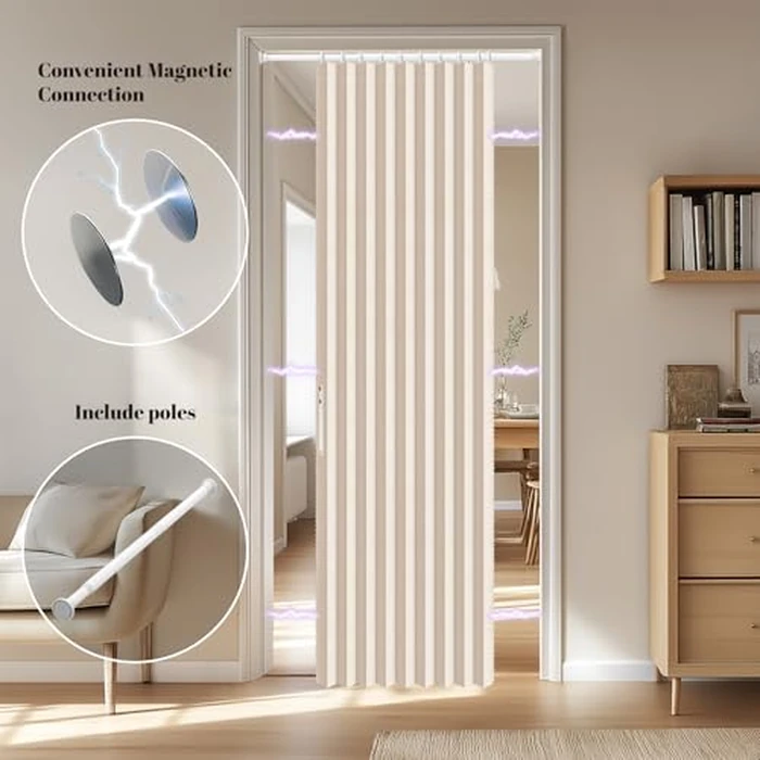 AJAZZ Blackout Door Curtain Magnetic Doorway Curtain Sets Included Rod (1 Pack, 54W x 78 L,Biscotti Beige) Accordion Door Interior Applicable Bedroom Room Living Room by AJAZZ - Image 4