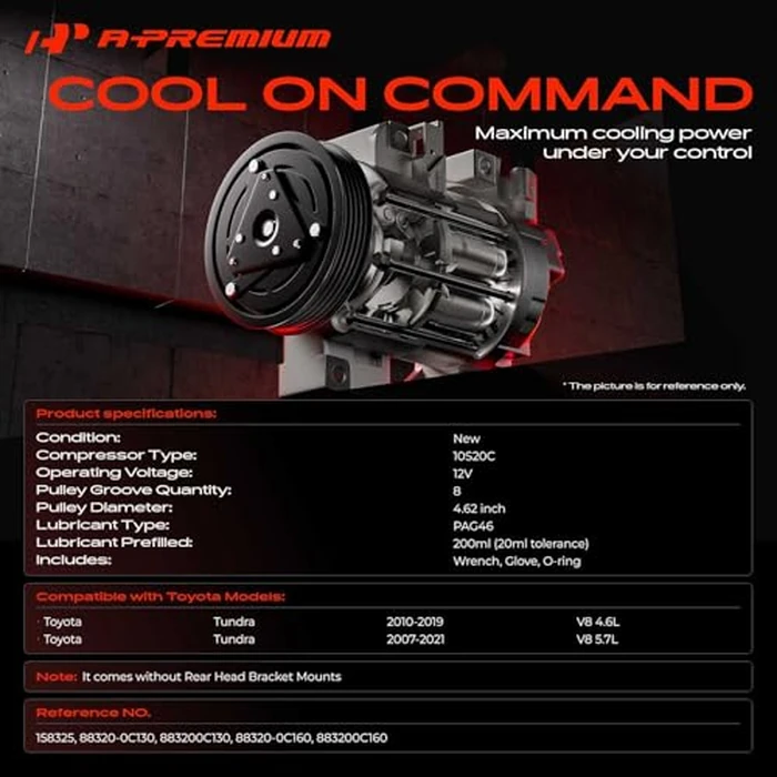 A-Premium AC Compressor with A/C Clutch (8-Grooves） Compatible with Toyota Tundra 4.6L, 5.7L 2007-2021, with 10S20C Style Compressor, Replace# 883200C130, 883200C190 by A-Premium - Image 2