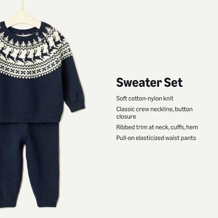 Amazon Essentials Baby Boys' Cotton-Nylon Sweater Set, Navy Ivory Scenic Fair Isle, 3-6 Months by Amazon Essentials - Image 2
