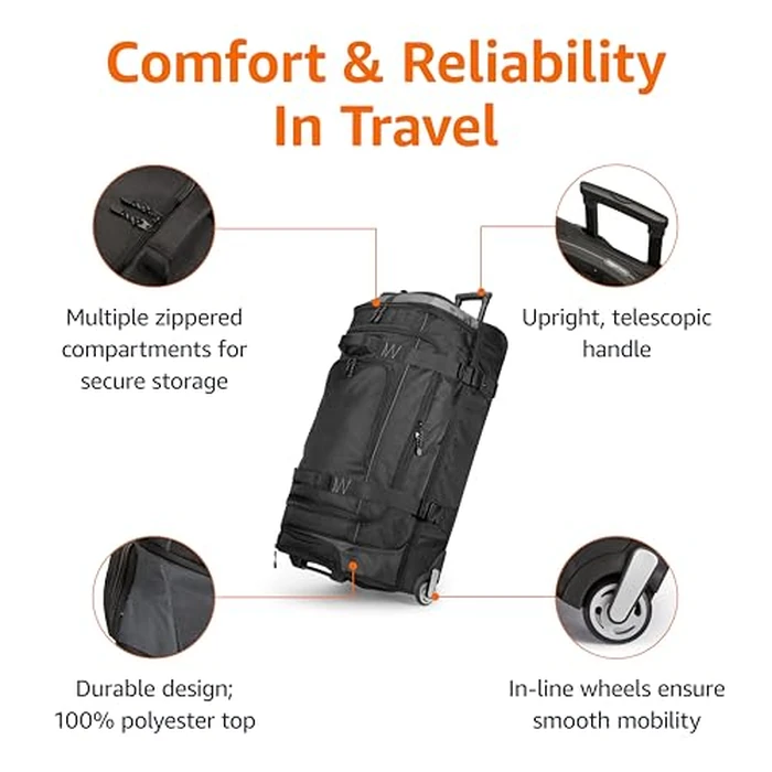 Amazon Basics 88.9cm Large Rolling Duffle Bag with Wheels and Handle, Travel Duffle Bag with Durable Ripstop Polyester Material, 2 Layers of Space, Multiple Interior and Exterior Pockets, Black by Amazon Basics - Image 2